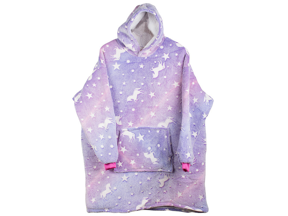 Hanorac patura cu gluga si maneci, Zola®, insertii fosforescente, 80 x 70 cm, calduros si pufos, buzunar spatios, model unicorni si stelute, violet Hanorac patura cu gluga si maneci, Zola®, insertii fosforescente, 80 x 70 cm, calduros si pufos, buzunar spatios, model unicorni si stelute, violet
